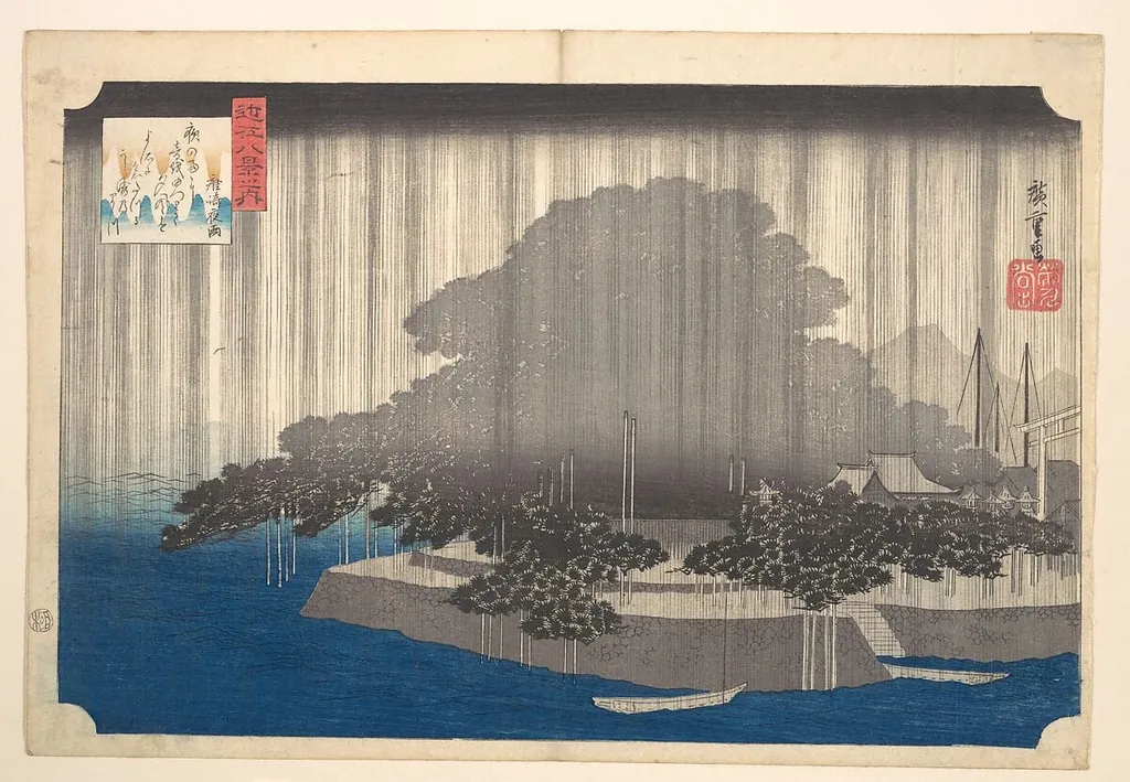 近江八景之内 唐崎夜雨|Evening Rain at Karasaki-Pine Tree, by Utagawa Hiroshige, ink, 1832