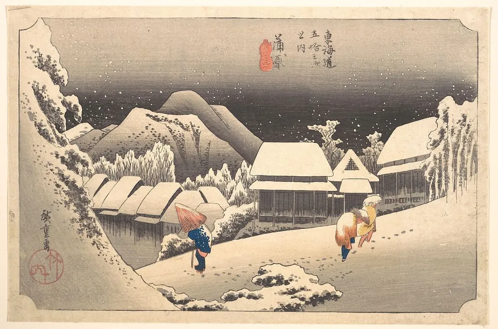 東海道五十三次之内 蒲原 夜の雪|Evening Snow, by Utagawa Hiroshige, ink, 1829
