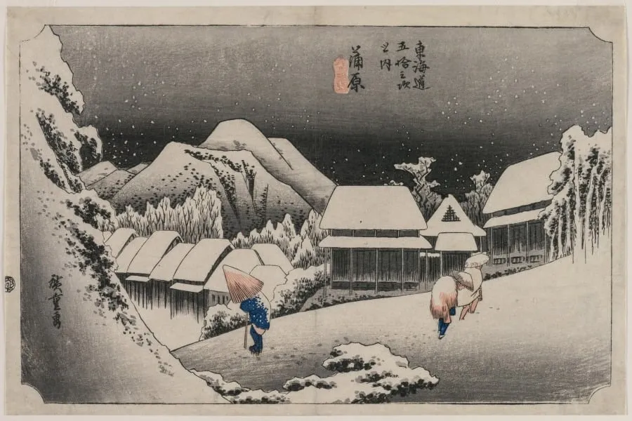 Evening Snow at Kambara (number sixteen of the series Fifty-three Stations of the Tokaido), by Utagawa Hiroshige, 1833