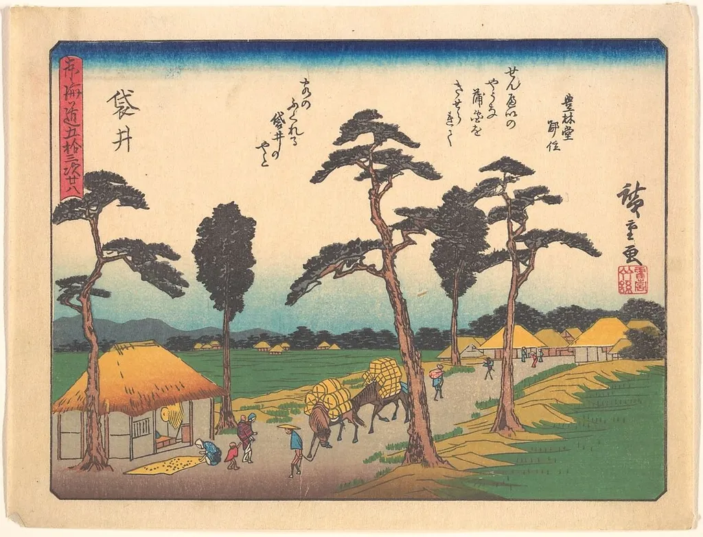 東海道五十三次 袋井|Fukuroi, from the series The Fifty-three Stations of the Tōkaidō Road, by Utagawa Hiroshige, ink