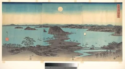 奥村 政信画　浮絵　「紋尽名古屋曽我」|Full Moon at Kanazawa, Province of Musashi
