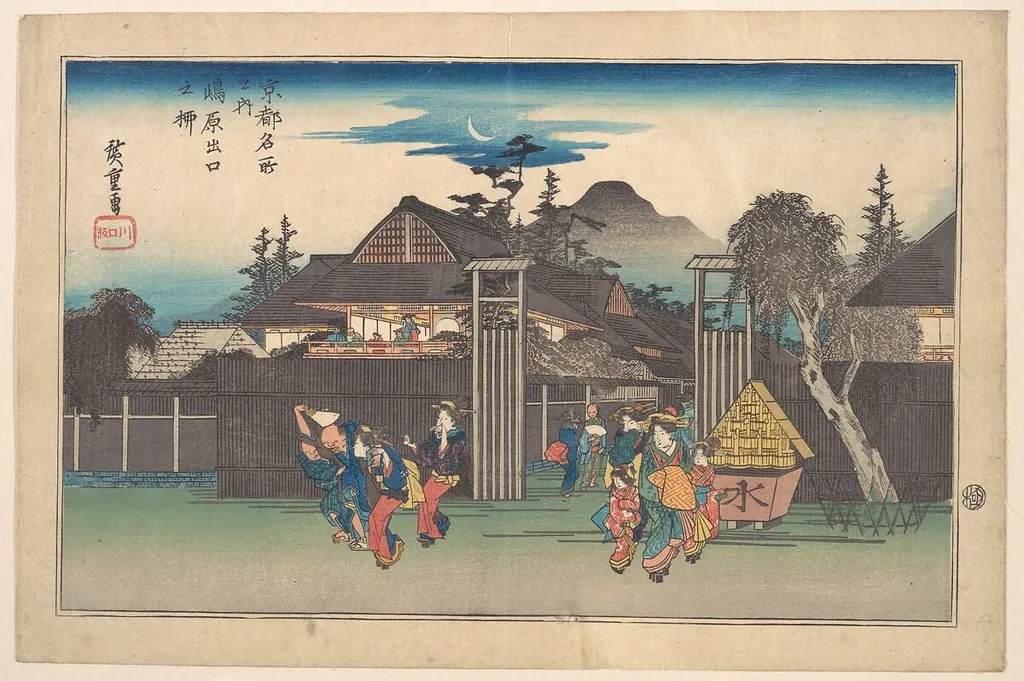 京都名所之内 嶋原出口之柳|Gate of the Shimbara, by Utagawa Hiroshige, ink, 1828