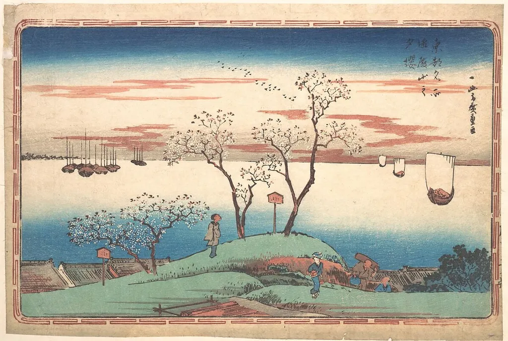 Gotenyama no yu-zakura|東都名所 御殿山之夕桜|Evening Cherry Blossoms at Gotenyama, by Utagawa Hiroshige, ink, 1831