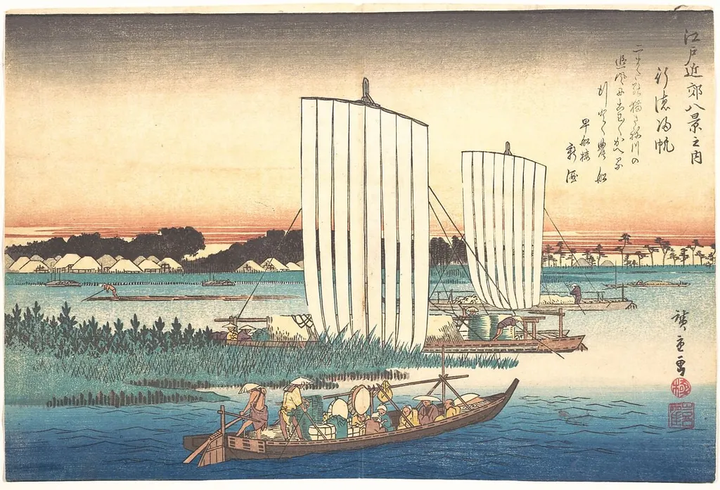 Gyotoku Kihan|江戸近郊八景之内 行徳帰帆|Boats Returning to Gyotoku, by Utagawa Hiroshige, ink, 1828