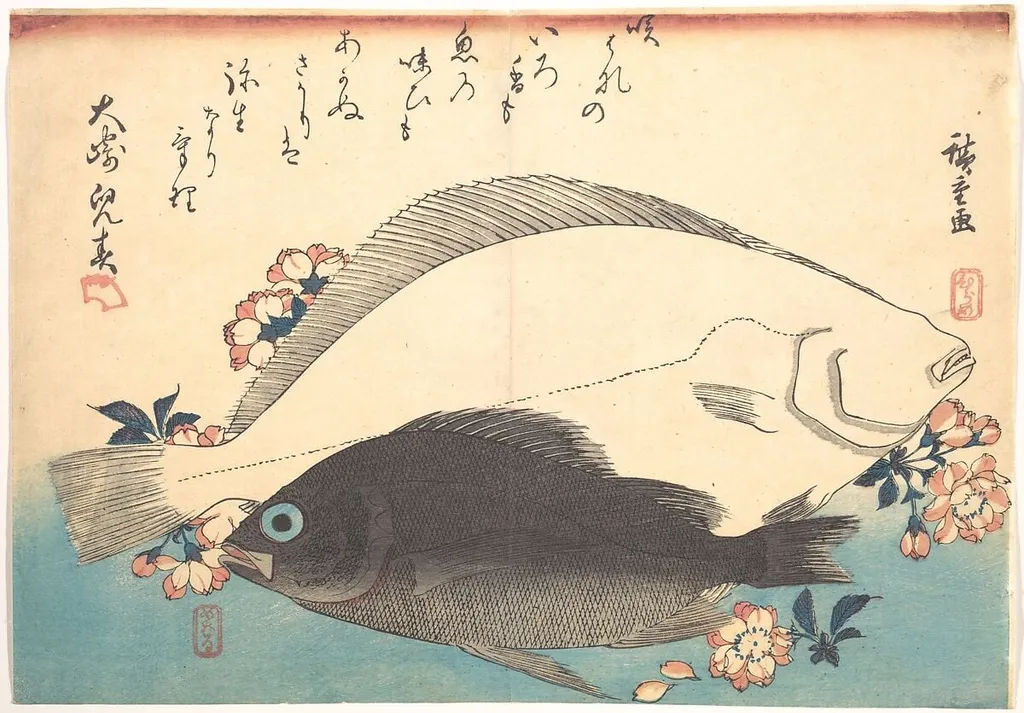 魚づくし ひらめ めばるに桜|Hirame and Mebaru Fish with Cherry Blossoms, from the series Uozukushi (Every Variety of Fish), by Utagawa Hiroshige, ink, 1844
