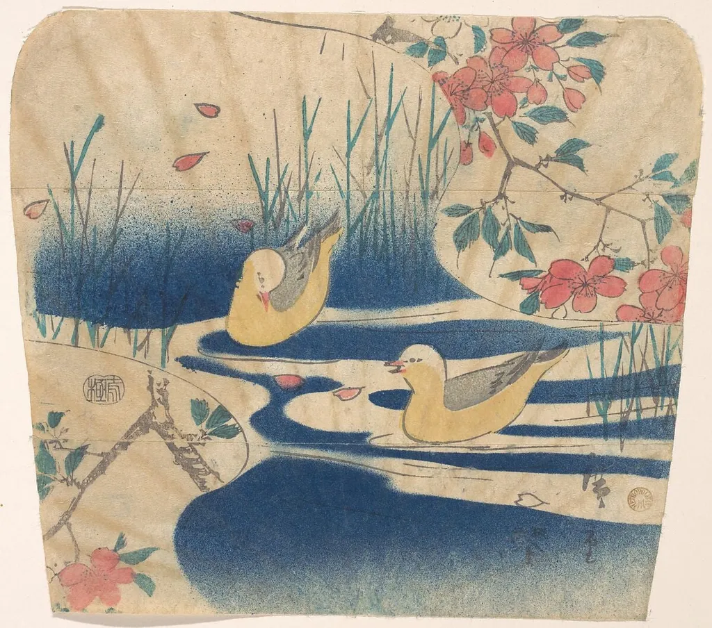 歌川広重画 桜花に都鳥|Hooded Gulls and Cherry Blossoms, by Utagawa Hiroshige, ink, 1856