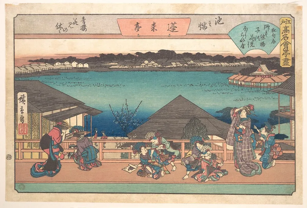 江戸高名会亭尽 池之端 蓬莱亭 青楼花見の休み|Ikeno Mata (Horai-ya), by Utagawa Hiroshige, ink, 1840