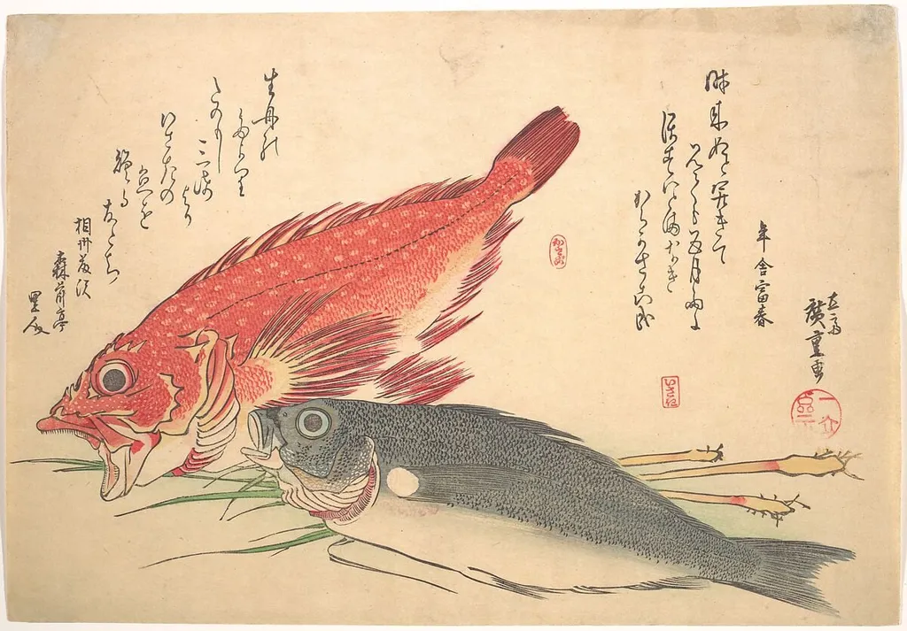 魚づくし かさご いさきに生姜|Isaki and Kasago Fish, from the series Uozukushi (Every Variety of Fish), by Utagawa Hiroshige, ink, 1834