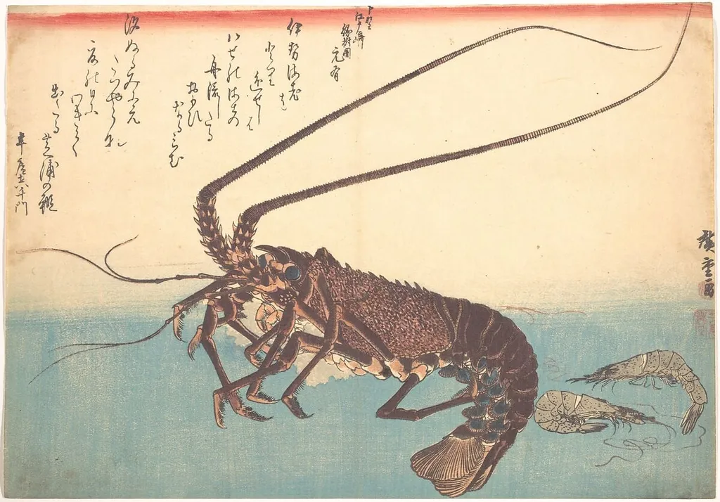 魚づくし 伊勢海老 芝蝦|Ise-ebi and Shiba-ebi, from the series Uozukushi (Every Variety of Fish), by Utagawa Hiroshige, ink, 1834