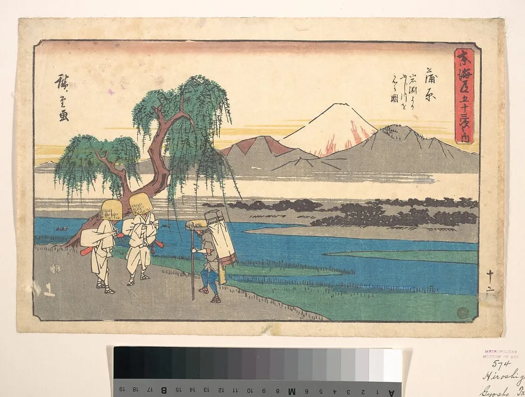 東海道五十三次之内 蒲原 岩淵よりふじ川を見る圖|Kambura Station, by Utagawa Hiroshige, ink, 1842