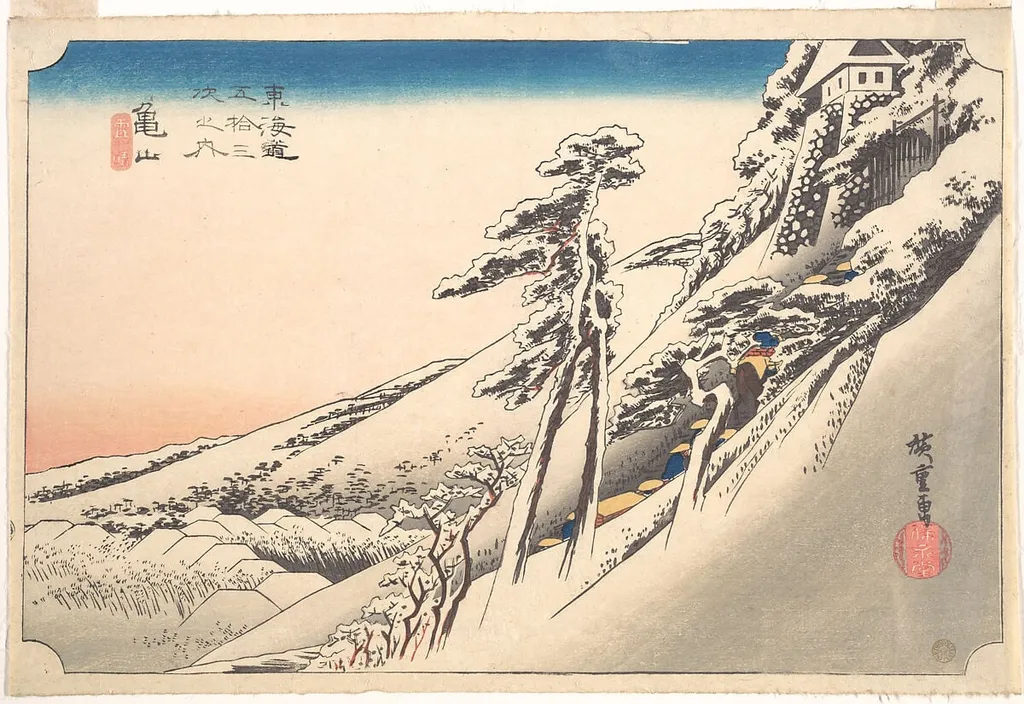 東海道五十三次之内 亀山 雪晴|Kameyama, Yuki Hare, by Utagawa Hiroshige, ink, 1834