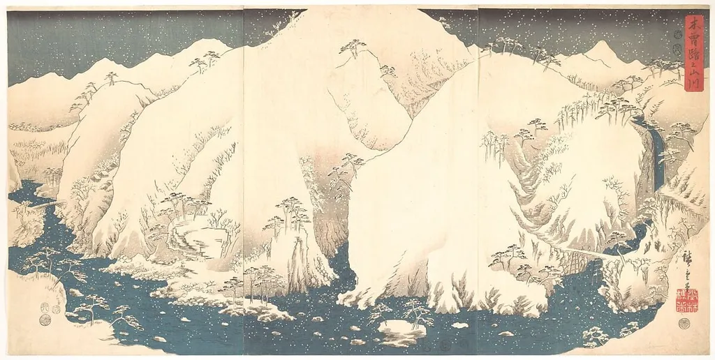 Kisoji no Sansen|雪月花 木曽路之山川|Kisō Mountains in Snow, by Utagawa Hiroshige, ink, 1857