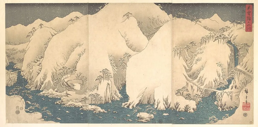 Kisojo no San Sen|木曽路之山川|The Kiso Mountains in Snow, by Utagawa Hiroshige, ink, 8