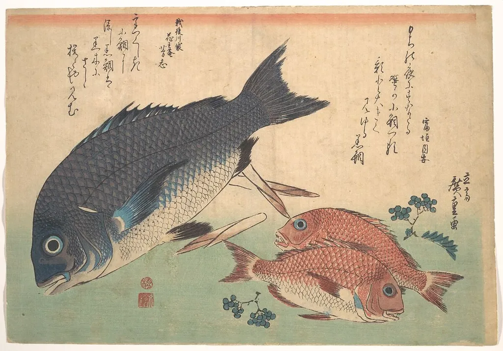 魚づくし 黒鯛 小鯛に山椒|Kurodai and Kodai Fish with Bamboo Shoots and Berries, from the series Uozukushi (Every Variety of Fish), by Utagawa Hiroshige, ink, 1834