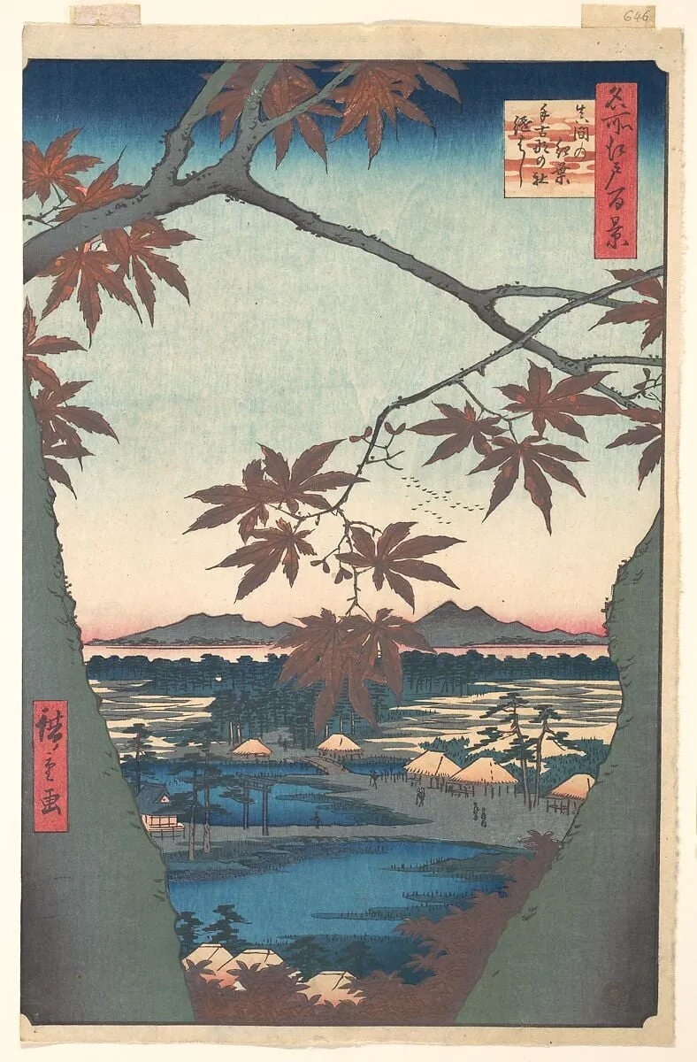 名所江戸百景 真間の紅葉手古那の社継はし|Maples at Mama, from the series One Hundred Famous Views of Edo, by Utagawa Hiroshige, ink, 1857