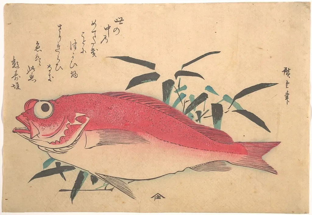 魚づくし|Medetai Fush and Sasaki Bamboo, from the series Uozukushi (Every Variety of Fish), by Utagawa Hiroshige, ink, 1844