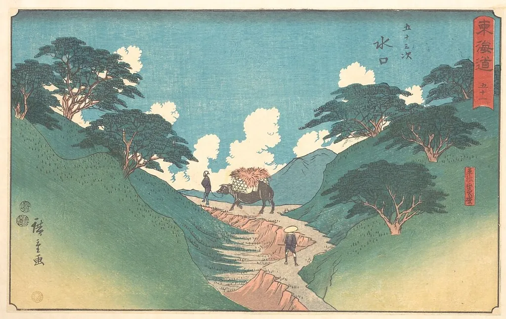 東海道五十三次 水口 平松山美松|Minaguchi, by Utagawa Hiroshige, ink, 1840