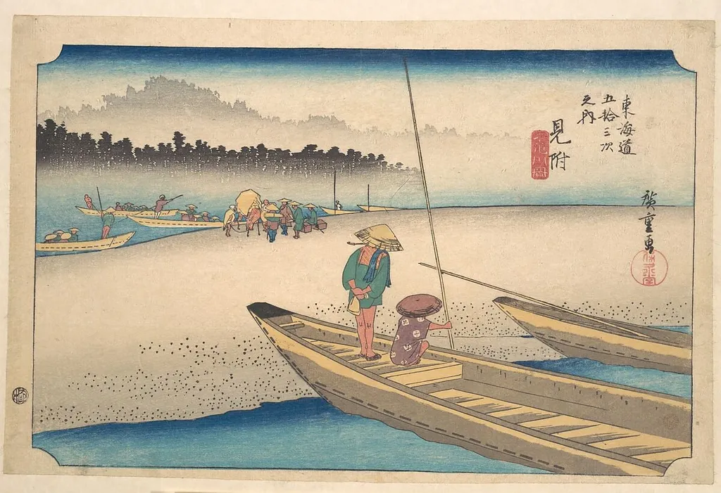 東海道五十三次 見附 天竜川|Mitsukei Tenryugawa, by Utagawa Hiroshige, ink, 1834