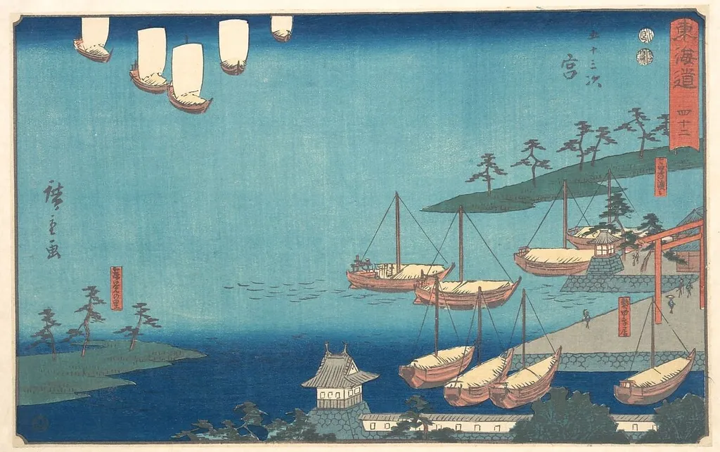 東海道五十三次 宮 七里の渡し 熱田鳥居 寝覚の里|Miya, by Utagawa Hiroshige, ink, 1840