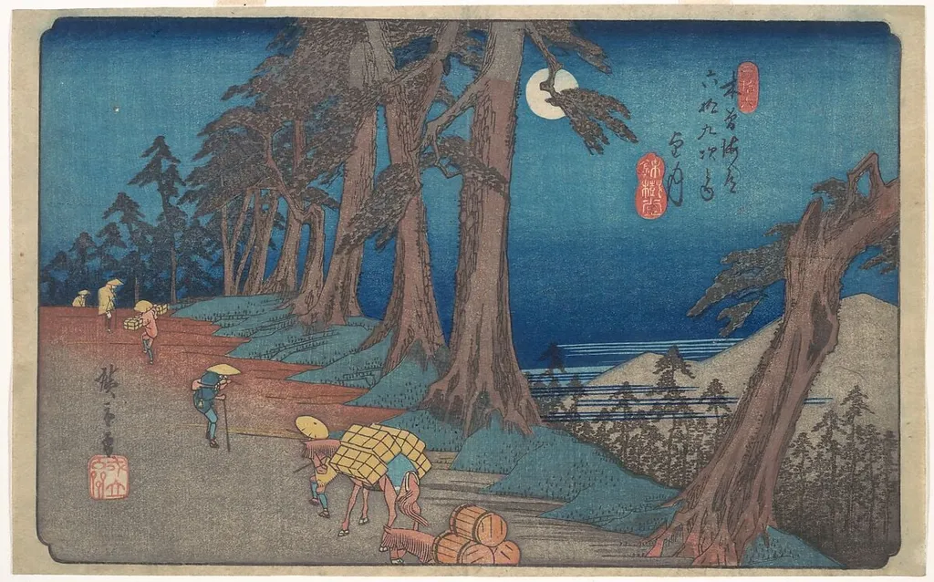 木曽海道六拾九次之内 望月|Mochizuki, by Utagawa Hiroshige, ink, 1828
