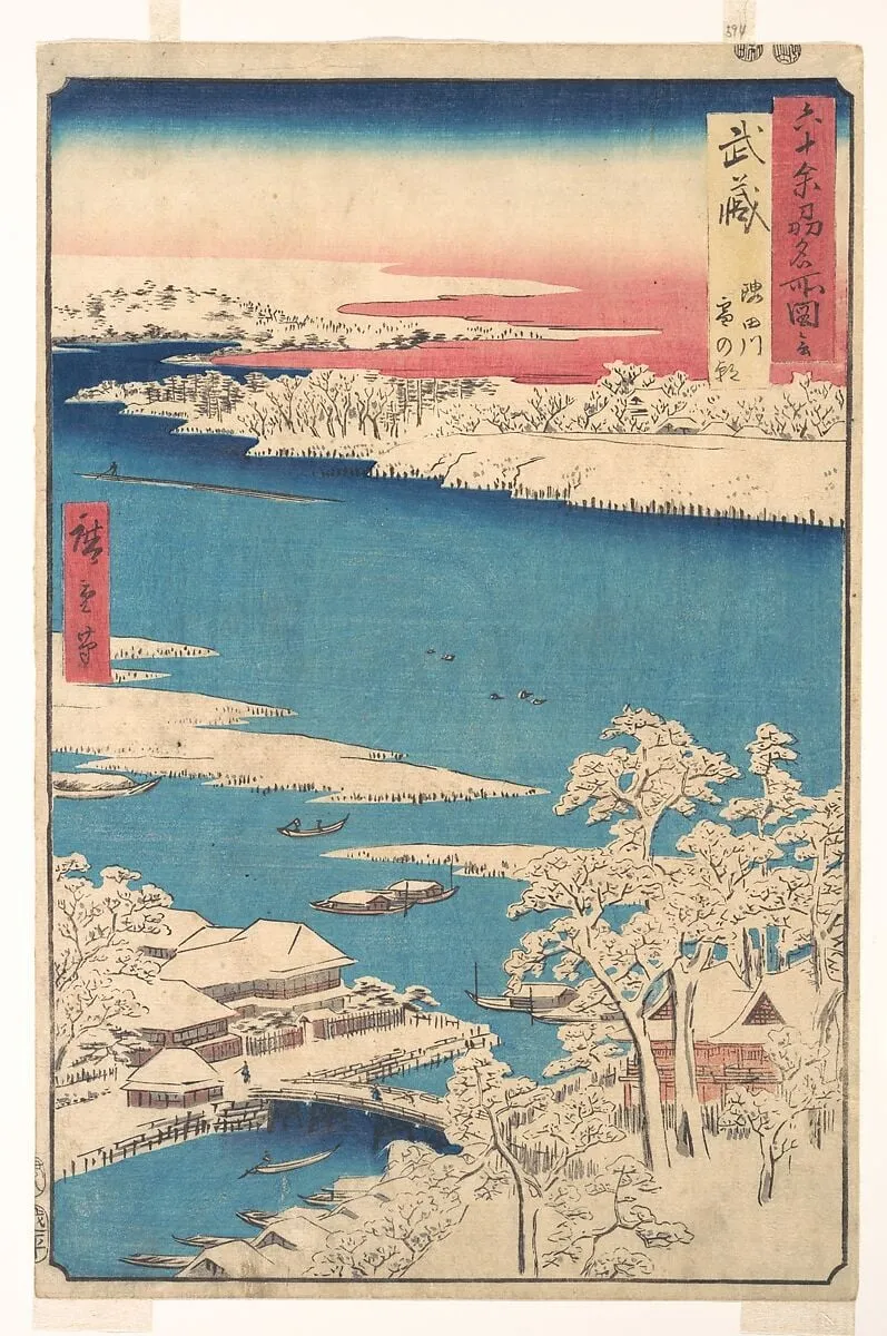 六十余州名所図会 武蔵 隅田川 雪の朝|Morning after a Snowfall, the Sumida River, Musashi Province, from the series Views of Famous Places in the Sixty-Odd Provinces, by Utagawa Hiroshige, ink, 1853