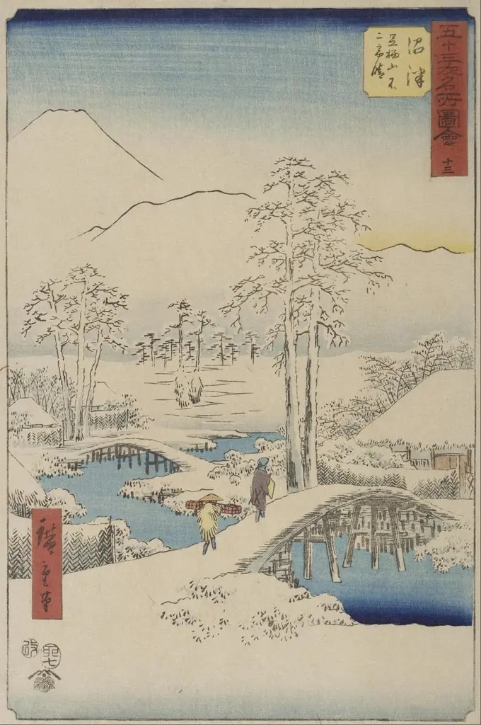 Mt. Fuji and Mt. Ashigara from Numazu from the series Vertical Tokaido (or "Famous Places of the Fifty-three Stations of the Tōkaidō")