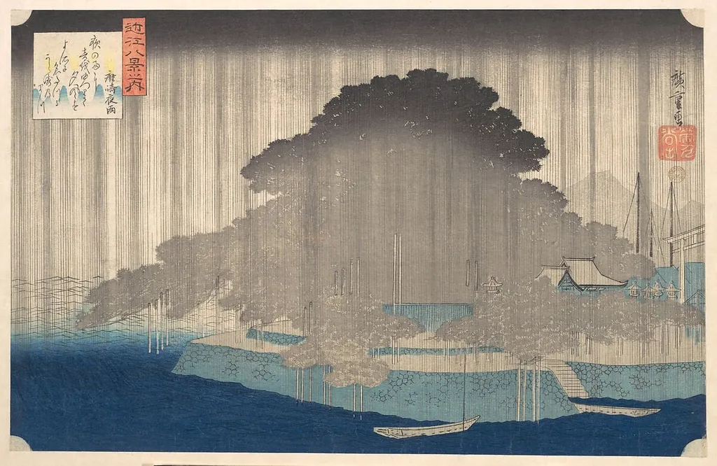 歌川広重画 「近江八景之内 唐崎夜雨」|Night Rain at Karasaki, from the series Eight Views of Ōmi (Ōmi hakkei no uchi), by Utagawa Hiroshige, ink, 1835
