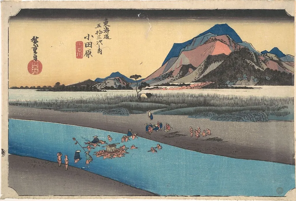 東海道五十三次之内 小田原 酒匂川|Odawara; Sakogawa, by Utagawa Hiroshige, ink, 1834