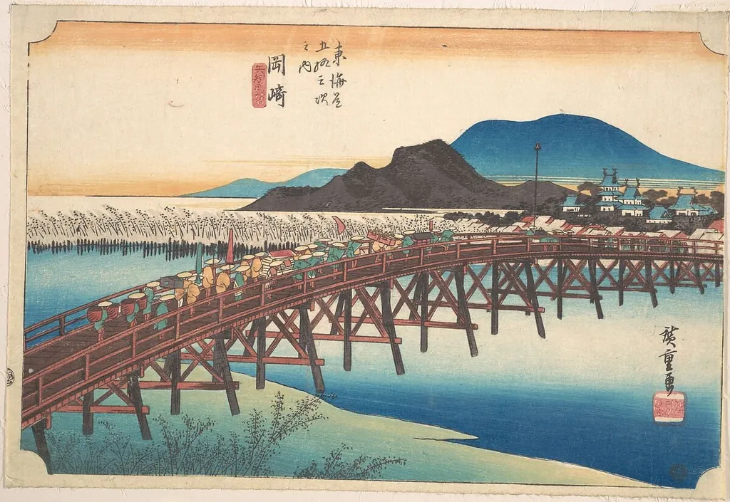 東海道五十三次之内 岡崎 矢矧の橋|Okazaki, Tenshin no Hashi, by Utagawa Hiroshige, ink, 1834