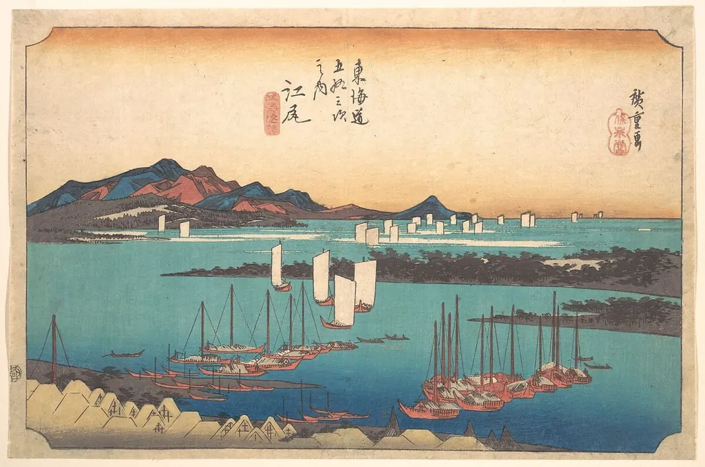 東海道五十三次之内 江尻 三保遠望|Panorama of Miwo Pine Wood from Ejiri, by Utagawa Hiroshige, ink, 1834