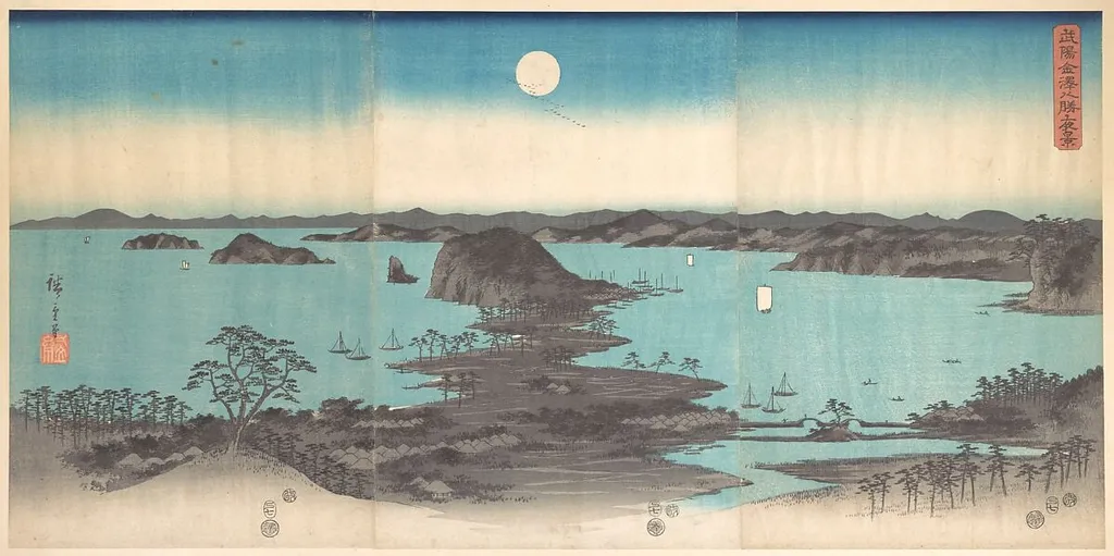 雪月花 武陽金沢八勝夜景|Panorama of the Eight Views of Kanasawa under a Full Moon, by Utagawa Hiroshige, ink, 1857