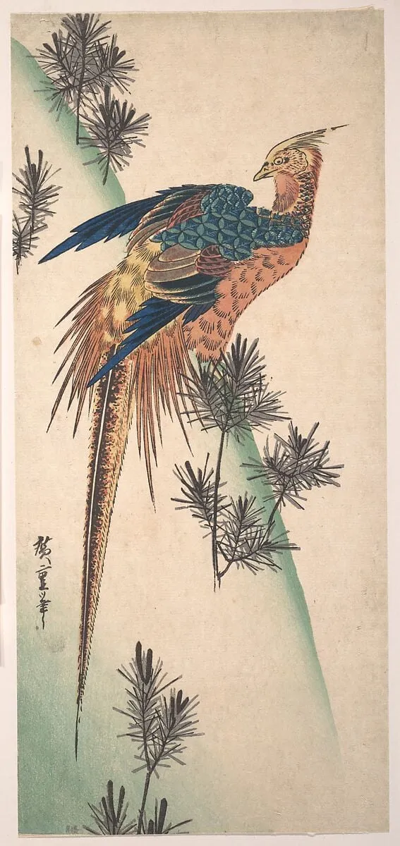 小松にきじ|Pheasant and Pine-trees on Snowy Hillside, by Utagawa Hiroshige, ink, 1828