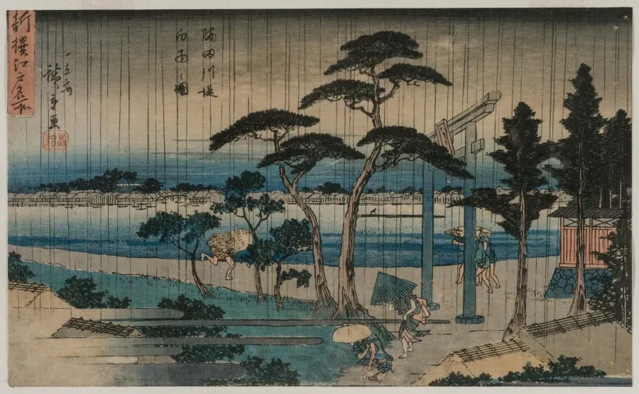 Picture of Light Rain on the Embankment of the Sumida River, from the series A New Selection of Famous Places in Edo, by Utagawa Hiroshige, 1840
