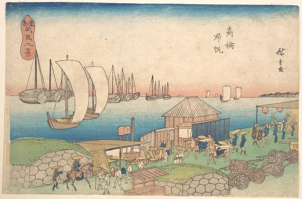 東都司馬八景 高輪帰帆|River View at Takanawa, by Utagawa Hiroshige, ink, 1856