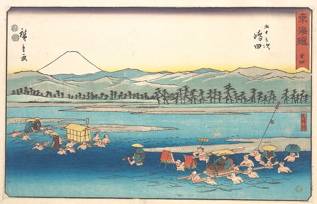 東海道五十三次 島田 大井川|Shimada, by Utagawa Hiroshige, ink, 1840