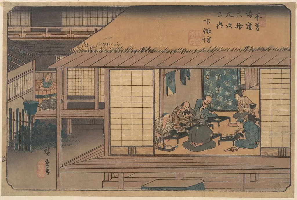 木曽海道六拾九次之内 下諏訪|Shimono Suwa Station, by Utagawa Hiroshige, ink, 1835