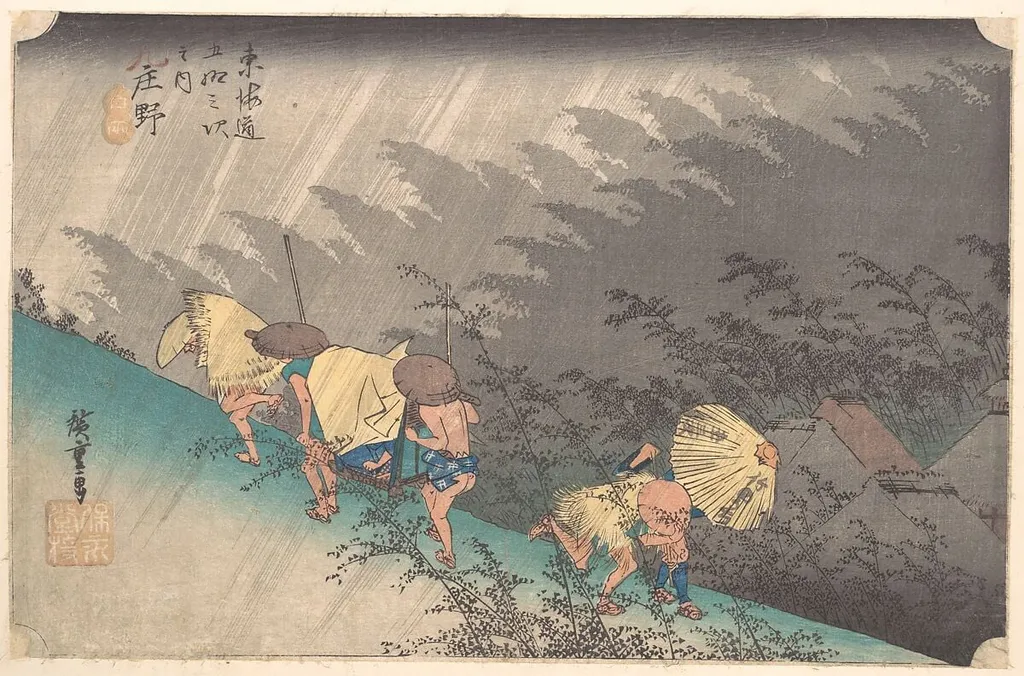東海道五十三次之内 庄野 白雨|Shower at Shōno, by Utagawa Hiroshige, ink, 1834