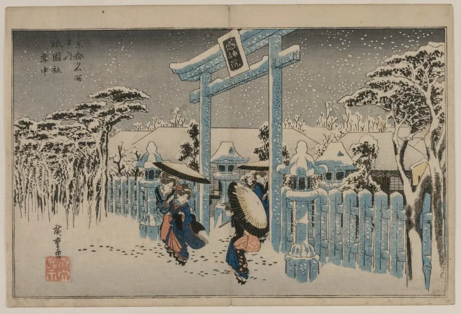 Snow at the Gion Shrine, from the series Famous Places in Kyoto, by Utagawa Hiroshige, 1834