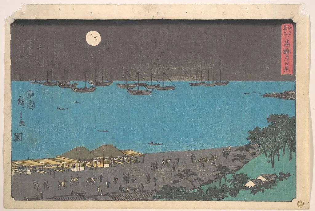 江戸名所 高輪月の景|Takanawa Tsuki no Kei, by Utagawa Hiroshige, ink, 7