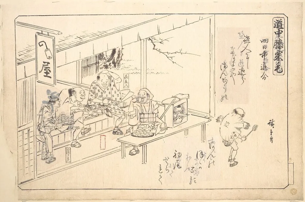 道中膝栗毛 四日市追分|The Branch Road at Yokkaichi, by Utagawa Hiroshige, ink, 1840