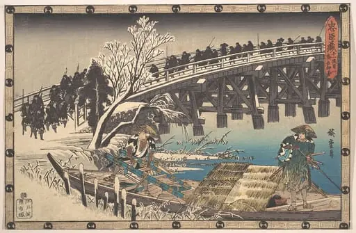 忠臣蔵 十一段目 夜打 押寄|The Loyal Ronin Crossing the Long Bridge to Embark for the Night Attack upon Moronao, by Utagawa Hiroshige