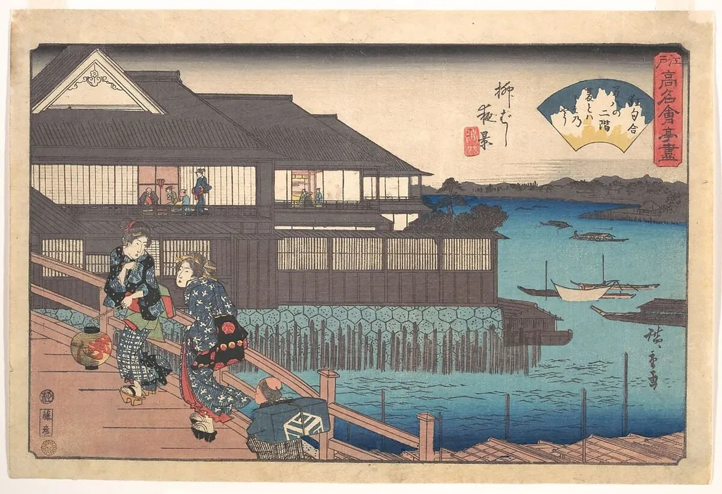 江戸高名会亭尽 柳ばし夜景 万八|The Manpachi at Evening in Yanagibashi, by Utagawa Hiroshige, ink, 1838