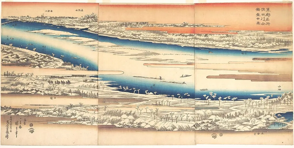 Toto meisho Sumidagawa zenzu settchukei|東都名所 隅田川全図雪中景|Celebrated Places in the Eastern Capital: Panoramic View of the Sumida River in Snow, by Utagawa Hiroshige, ink, 1840