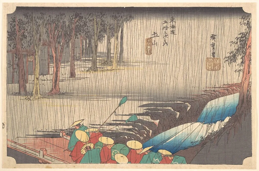 Tsuchiyama Haru no Ame|東海道五十三次之内 土山 春の雨|Spring Rain at Tsuchiyama (50th Station of the Tōkaidō), by Utagawa Hiroshige, ink, 1828