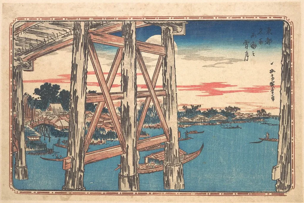 東都名所 両国之宵月|Twilight Moon at Ryōgoku Bridge, by Utagawa Hiroshige, ink, 1828