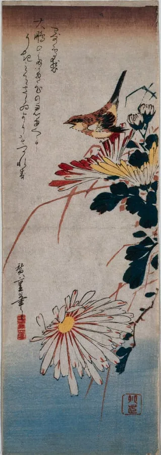 Wren and Chrysanthemums, by Utagawa Hiroshige, 1834