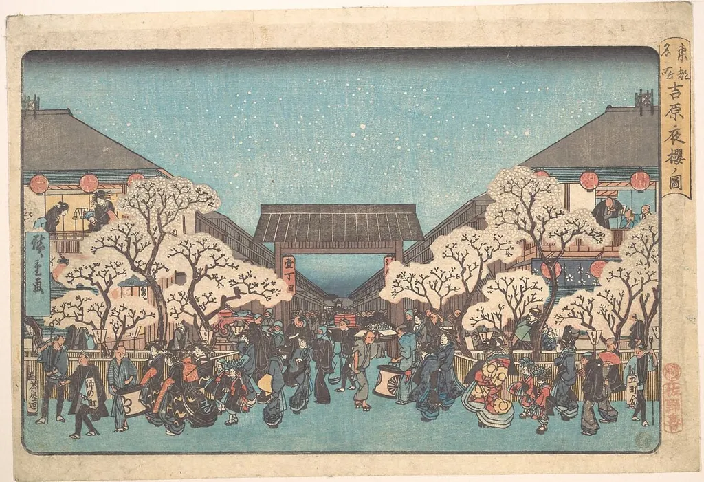 東都名所 吉原夜桜の図|Yoshiwara Yo Zakura no Zu, by Utagawa Hiroshige, ink, 1841