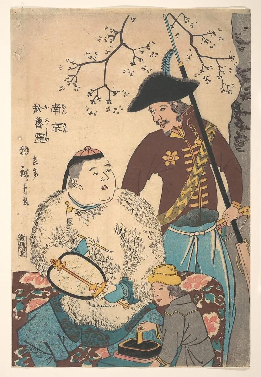 南京 於魯西亜|Russians and a Chinese Inscribing a Fan, by Utagawa Hiroshige II, ink, 12