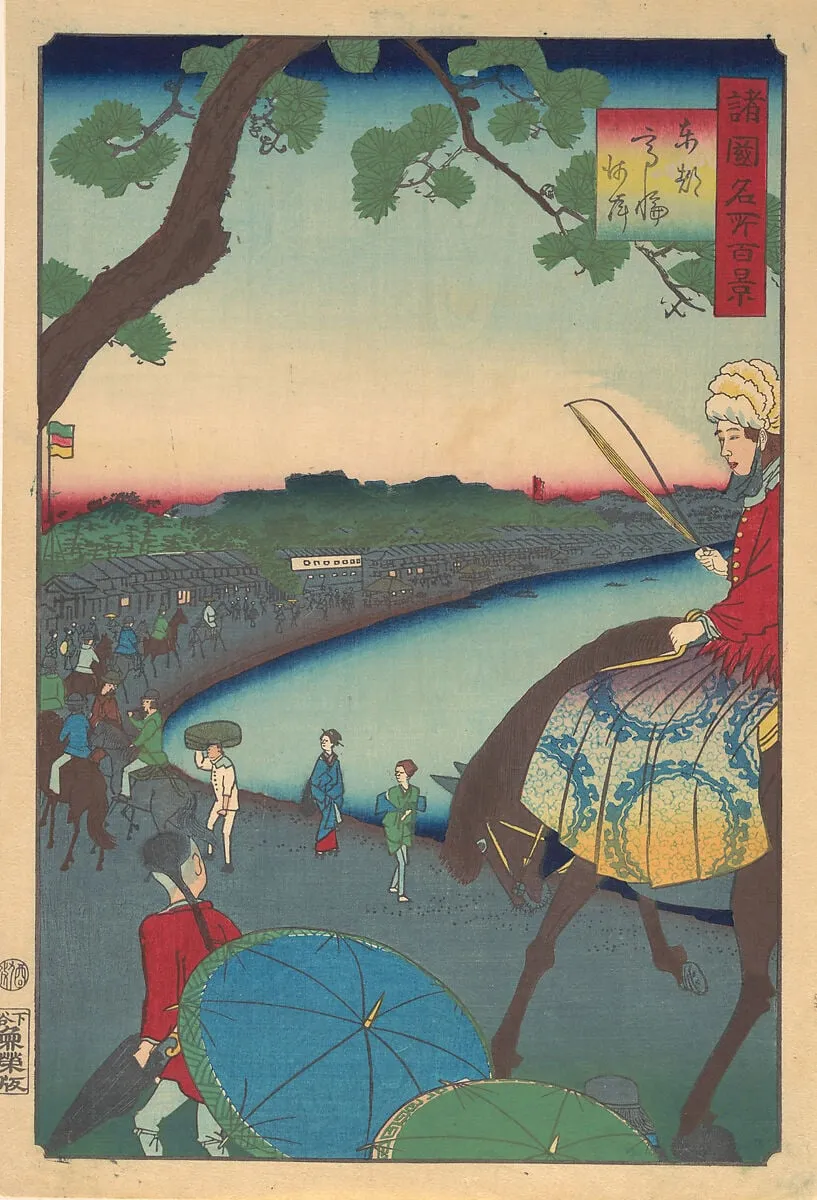 Tōtō Takanawa Kaigen|Foreigners Riding Along the Coast at Takanawa in the Eastern Capital, by Utagawa Hiroshige II, ink, 9