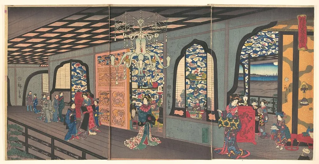 Yokohama Gankirō age|横浜岩亀楼上|Upper Floor of the Gankirō Tea House in Yokohama, by Utagawa Hiroshige II, ink, 4